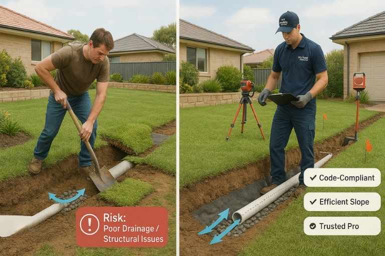 Side-by-side of DIY vs. professional French drain installation showing slope errors and expert setup in a Sydney backyard