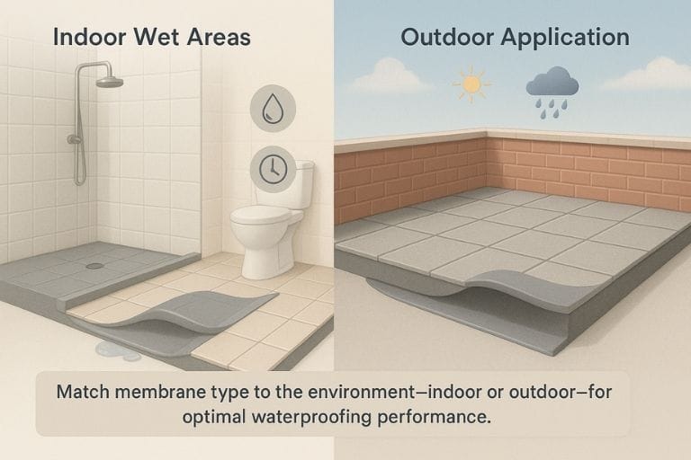 Illustration comparing indoor waterproofing for bathrooms and outdoor roof membrane exposed to weather