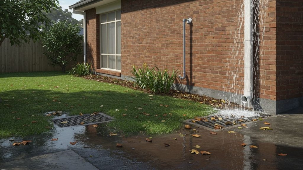 Pooling water on Sydney driveway near stormwater grate showing signs of a blocked drain after rain.