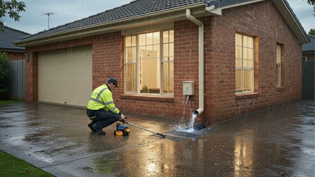 Rainwater flowing from Sydney home downpipe into stormwater drain, protecting yard and foundation from flooding.